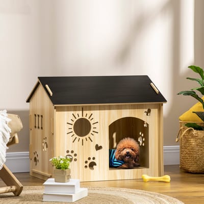 MIVRAY Hundehütte – Ventilatieopeningen Met Speelse Vormen – 69 x 50 x 58,5 cm – MDF – Eiken – Binnengebruik Voor Kleine Honden