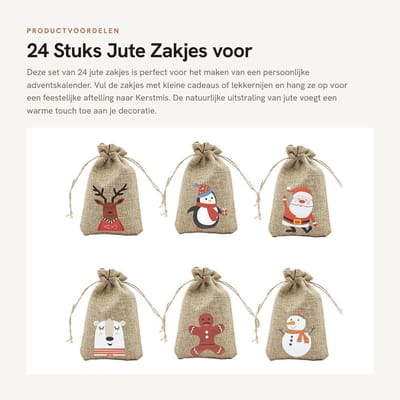 Dailygoods- Adventskalender 24 Stuks - Jute Zakjes - Doe-het-zelf - Kerstcadeauzakjes - Trekkoord - Kleurrijke Ontwerpen - Cadeauzakjes