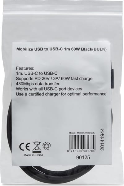 Mobilize USB-C naar USB-C Kabel 1 Meter - Zwart