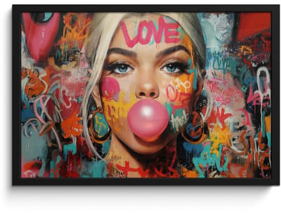 Poster in lijst - Fotolijst 60x40 cm - Posters - Vrouw - Kauwgom - Graffiti - Love - Posterlijst zwart - Decoratie - Wanddecoratie woonkamer - Muurdecoratie slaapkamer
