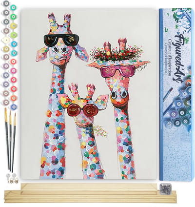 Figured'Art Schilderen op Nummer Volwassenen canvas Popart giraffenfamilie- Handwerk acrylverf Kit DIY Compleet - 40x50cm met DIY houten lijst