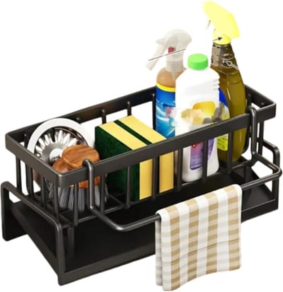 Dutchers.® Wasbak Organizer - Zwart - Gootsteenorganizer - Afdruiprek - Opbergrek - Zeep & Spons Houder - Metaal - Keuken Afvoer