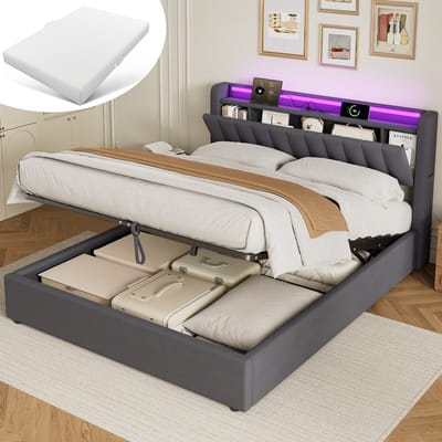 MODFU Hydraulisch Liftbed 160x200 cm – Met LED & USB – Fluweel grijs – Stil & kraakvrij – Met royale opbergruimte – Opbergbed