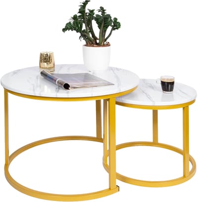 Casamoda Salontafel set van 2 - ø 70/50 cm - Hoogte 45/38 cm - Bijzettafel Rond - Salon tafel Industrieel - Tafelblad Hout - Wit Marmer