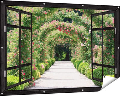 Gards Tuinposter Doorkijk Rozenbogen Tunnel - 150x100 cm - Tuindoek - Tuindecoratie - Wanddecoratie buiten - Tuinschilderij