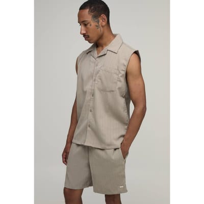 Gestructureerde Geplooide Regular Fit Mouwloze Shirt & Short Set | Taupe | Size XS