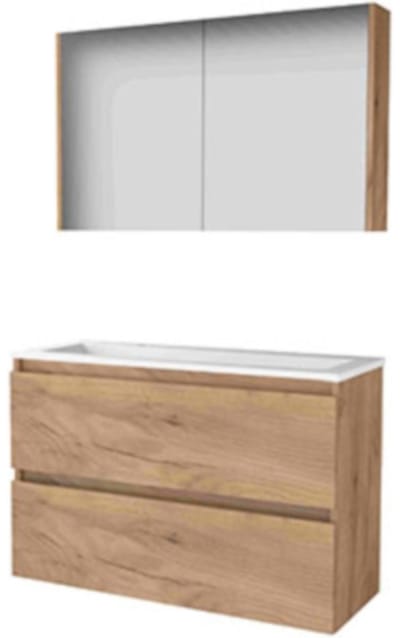 Basic-Line Comfort 39 Badkamermeubelset - Ondiep - 100 x 39 cm - Greeploos - 2 Lades - Acryl Wastafel - 2 Kraangaten - Spiegelkast - Whisky Oak