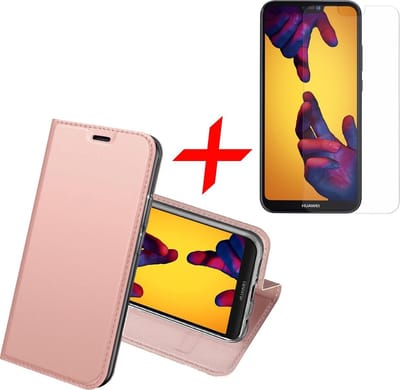 Hoesje geschikt voor Huawei P20 Lite - Bookcase Cover Wallet Roségoud + Tempered Glass Screenprotector - van iCall