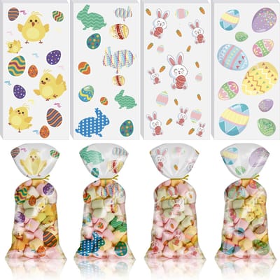 Dailygoods- Koekjeszakjes 100 stuks - Cellofaanzakjes - Gouden band 200 stuks - 27 cm x 13 cm - Veilig materiaal - Perfect voor Pasen - Snoepzakjes