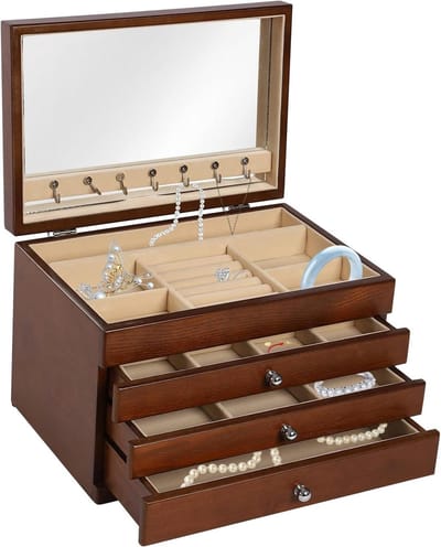 Juwelendoos 4 Lagen - Sieraden Opberger - Sieraden Organiseren - Met Ingebouwd Spiegel - 30 cm Breed - Houtkleurig
