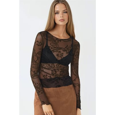 Aangesloten Lange Mouwen Flockprint Tulle Blouse