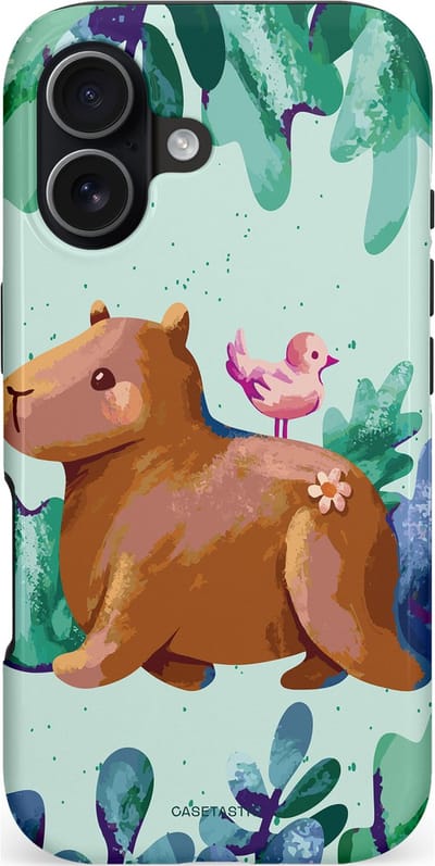 Casetastic hoesje geschikt voor Apple iPhone 17 - MagSafe - Dubbellaagse bescherming - Capibara Vogeltjes Vriend - Fashion Case - Lichtgrijs Petrol Mintgroen Bruin