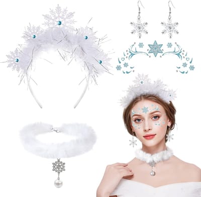 Dailygoods- Sneeuwvlokken Kostuum - 4-delige Set - Hoofdband met Sneeuwvlokken - Oorbellen - Gezichtssticker - Kerstketting - Geschikt voor Dames en Meisjes - Feestaccessoires