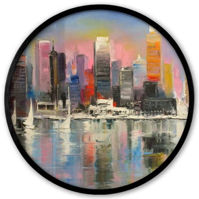 Poster in lijst Rond - Fotolijst 40x40 cm - Posters - Schilderij - Olieverf - Skyline - Water - Ronde posterlijst zwart - Decoratie - Wanddecoratie woonkamer - Muurdecoratie slaapkamer
