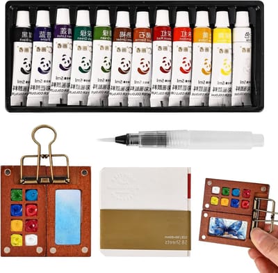 Compacte Waterverf Set met 12 Kleuren, Houten Palette en Penselen voor Kunstenaars en Studenten