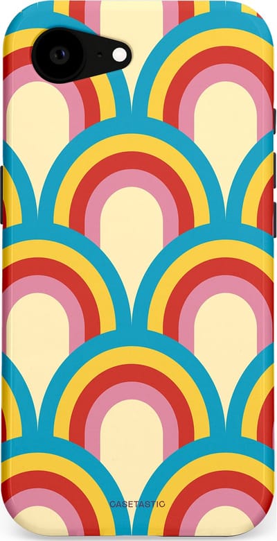 Casetastic hoesje geschikt voor Apple iPhone 16e / Apple iPhone 17e - MagSafe - Dubbellaagse bescherming - Retro regenboog - Fashion Case - Lichtblauw Crème Goud Rood