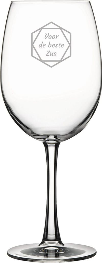 Gegraveerde Rode wijnglas 58cl voor de beste Zus in hexagon