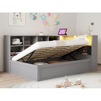 ModernLuxe Slaapbank met opbergruimte 90x200 cm - met stopcontact en opbergruimte - met lichtbalk - grijs (zonder matras)