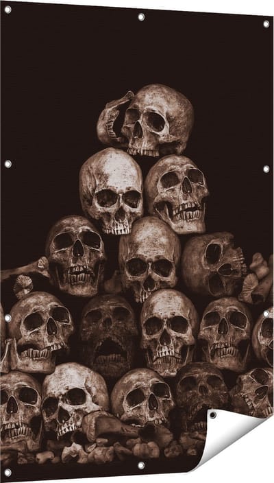Gards Tuinposter Schedels - Doodshoofden - Doodskoppen - 80x120 cm - Tuindoek - Tuindecoratie - Wanddecoratie buiten - Tuinschilderij