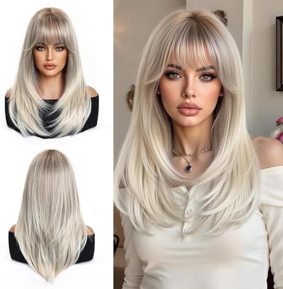 Lange Rechte Blonde Perucen voor Vrouwen met Pony, Natuurlijke Synthetische Haar Ombre Peruc voor Dagelijks en Feestelijk Gebruik