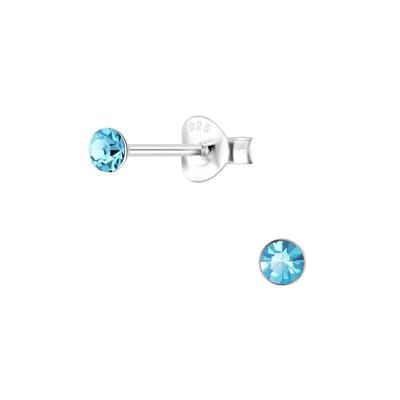 Joy|S - Zilveren ronde oorbellen - 3 mm oorknopjes - kristal aqua blauw