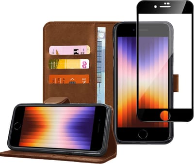 Geschikt voor iPhone SE 2022 Book Case Hoesje - Screenprotector - Flip Portemonnee Bruin met Full Cover Gehard Glas