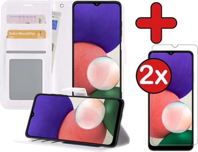 Hoesje - Met 2x Screenprotector - Geschikt voor Samsung Galaxy M22 - Luxe Pasjeshouder - Flip Case - Bookcase Portemonee - Kunstleer Book Case - Flipcase Hoes - Book Cover - Walletcase - Portemonneehoes - Telefoonhoes - Wit