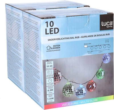 Luca lighting LED discobollen lichtsnoer - 2x - 10 led bolletjes -gekleurd - 150 cm - disco - spiegelbollen - discofeest