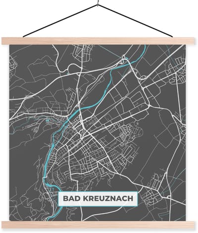 Posterhanger incl. Poster 120x120 cm - Schoolplaat - Bad Kreuznach – Stadskaart – Blauw – Plattegrond – Stadskaart – Kaart - Duitsland - Textielposter - Blanke latten - Stadskaart