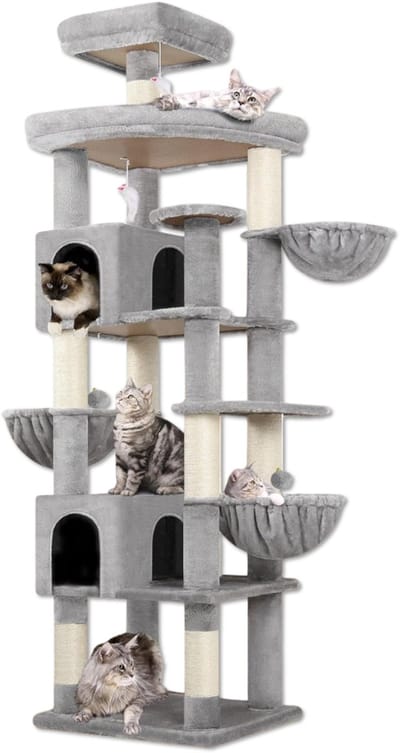 SNJY® Krabpaal Voor Grote Katten - Krabton - Kattenboom - Kattenhuis - Kattenmand - 45L x 55B x 208H cm - Lichtgrijs