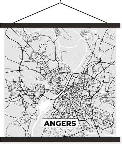 Posterhanger incl. Poster 60x60 cm - Schoolplaat - Frankrijk - Plattegrond - Kaart - Angers - Stadskaart - Textielposter - Zwarte latten - Stadskaart