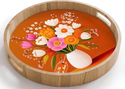 Dienblad rond 40x40 cm - Schootdienblad hout - Vaas - Bloemen - Oranje - Borrelplank rechthoek - Plateau houten dienbladen