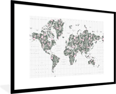 Poster in lijst - Fotolijst 90x60 cm - Posters - Wereldkaart - Planten - Roze - Posterlijst zwart - Decoratie - Wanddecoratie woonkamer - Muurdecoratie slaapkamer