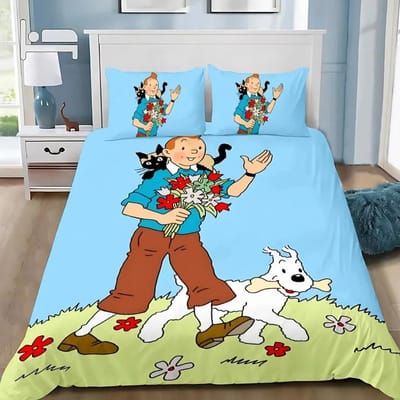 De Avonturen van Kuifje Beddengoed Set Volwassen Jongen Meisje Slaapkamer Decoratie Kinderen Cadeau Enkel Dubbel Groot Anime Dekbedovertrek Set (135x200cm)
