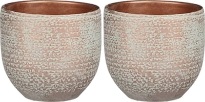 Mica Decorations - plantenpot/bloempot - 2x - koper/wit flakes relief- D14/H12 cm