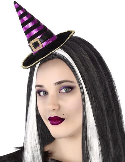 Halloween heksenhoed - mini hoedje op diadeem - one size - zwart/paars - meisjes/dames - verkleed accessoires