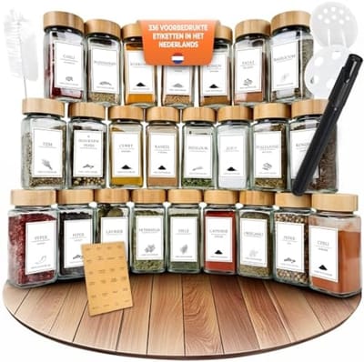PromoHome Vierkante Kruidenpotjes Set met Nederlandse Labels - 24 Stuks - 120ml - Inclusief Kruidenmolen, Trechter en Organisatie Accessoires - Bamboe Deksel