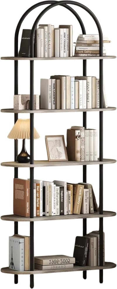 5-Laags Boekenkast - Voor Slaapkamer, Woonkamer & Thuiskantoor - Gebogen Displayrekken - Metalen Frame - opbergrek - Zwart Grijs
