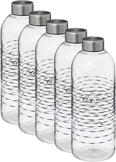 5Five Glazen waterfles - 5x - drinkfles - sportfles - helder transparant - met RVS dop - 1000 ml