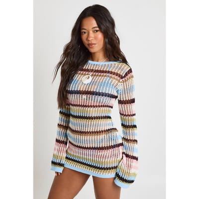 boohoo Dames Gehaakte Gestreepte Gebreide Mini-jurk Met Uitlopende Mouwen | Roze | Maat: Small