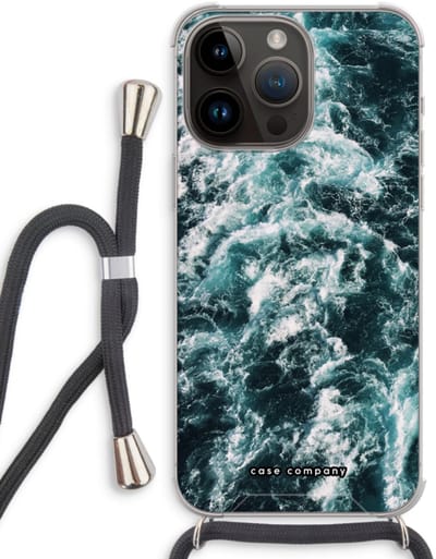 Case Company® - Hoesje met koord geschikt voor iPhone 14 Pro Max hoesje met Koord - Zee golf - Telefoonhoesje met Zwart Koord - Bescherming aan alle Kanten en Over de Schermrand