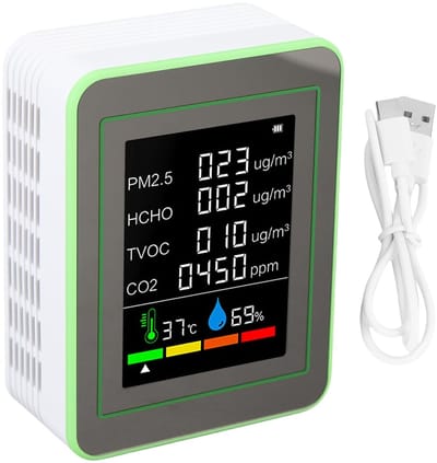 Luchtkwaliteitsmeter - Detector - Binnenlucht Meten - 6 in 1 Functies - 2.8 Inch HD Scherm - Wit en groen