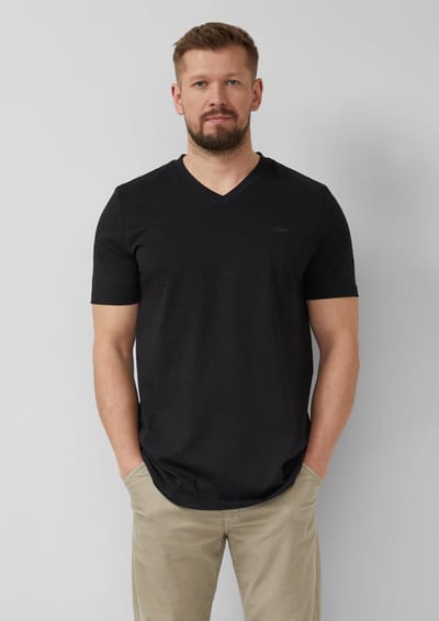 s.Oliver - male - Katoenen T-shirt met logoprint en V-hals