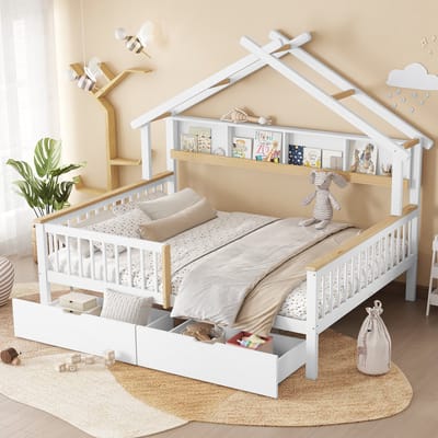Sweiko Kinderbed - 140 x 200 cm - Boekenplank + 2 lades - Grenenhout + MDF - Wit + naturel