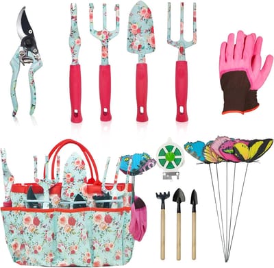 Famanu - Tuingereedschapset, 16-delige tuingereedschapsgeschenken voor vrouwen en mannen, bloementuingereedschap geschenksets met snoeischaar, opbergtas met groot handvat, zwaar tuingereedschap (rode bloemen)