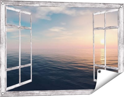 Gards Tuinposter Doorkijk Zee Water tijdens Zonsondergang - 90x60 cm - Tuindoek - Tuindecoratie - Wanddecoratie buiten - Tuinschilderij