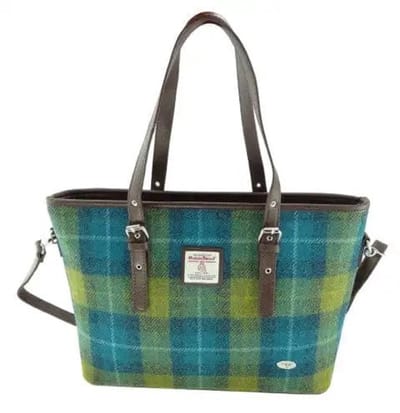 Schoudertas Spey Tote bag Zeeblauw en Limegroen - Groot - Ritssluiting - Harris Tweed - Glen Appin of Scotland