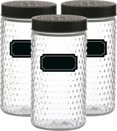 Voorraadpot/bewaarpot Roma - 6x - 1.5L - glas - zwart - incl. etiketten