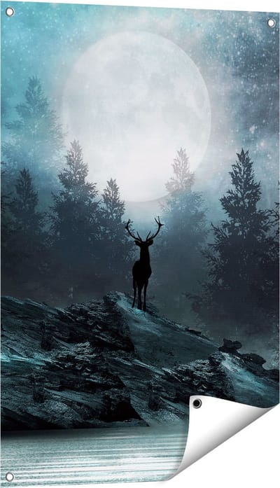 Gards Tuinposter Hert op een Rots tijdens Volle Maan - 60x90 cm - Tuindoek - Tuindecoratie - Wanddecoratie buiten - Tuinschilderij