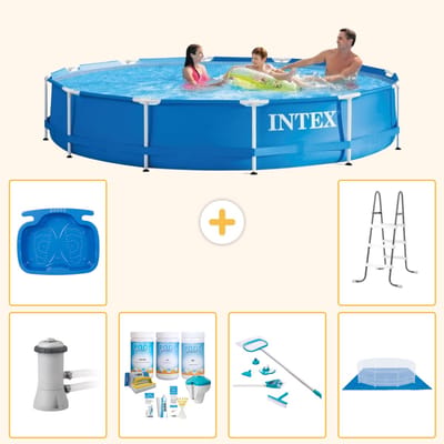 Intex Rond Frame Zwembad - 366 x 76 cm - Blauw - Inclusief Pomp - Onderhoudspakket - Schoonmaakset - Grondzeil - Voetenbad - Ladder - 7-delig